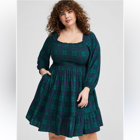torrid Dresses & Skirts - Plaid/Tartan Green and Blue Off-the-shoulder Women's XL Dress
